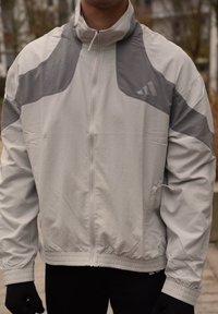 Veste coupe-vent gris clair avec des accents gris foncé, fermeture éclair à l'avant, col montant, poignets et ourlet élastiques. Présente un logo sur la poitrine.