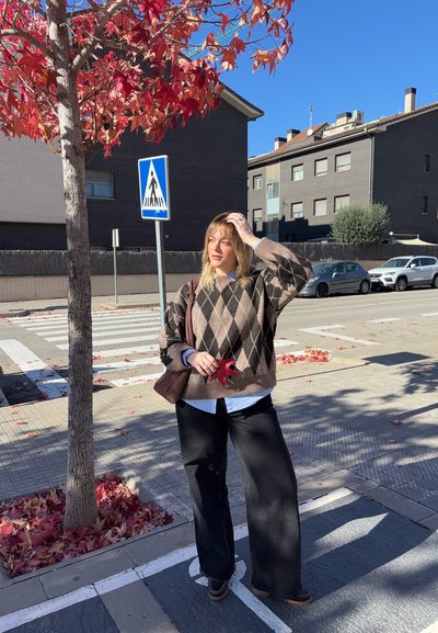 Jersey marrón de rombos sobre una camisa blanca, combinado con pantalones negros de pierna ancha y zapatos marrones. Hojas rojas rodean una señal peatonal y un árbol.