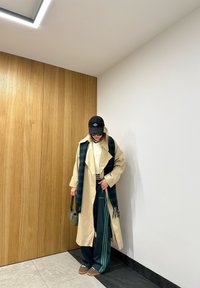 Beige trenchcoat, grønn rutete skjerf, beige topp, mørkegrønne bukser med striper, brune sneakers, holder en liten grønn veske. Tre- og hvit bakgrunn.