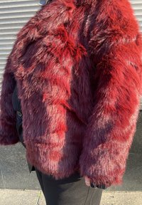Veste en fausse fourrure rouge profond avec une texture longue et touffue. Elle présente une coupe carrée et des manches larges, avec une fermeture à boutons sur le devant.