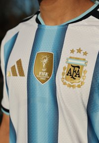 Gros plan sur un maillot de football argentin rayé bleu et blanc avec les logos dorés de la FIFA 2022 Champions du Monde et de la AFA sur la poitrine.