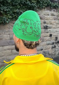 Bonnet vert tricoté avec un motif graphique, présentant une surface texturée et un ajustement près de la tête. Porté avec une veste jaune affichant des rayures bleues et vertes.