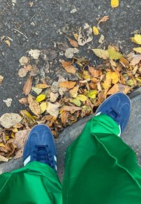 Tmavě modré tenisky s bílými pruhy na texturovaném povrchu, vedle barevných podzimních listů a zelené tkaniny v úrovni kotníku.