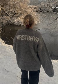 Pull gris en maille épaisse avec texte blanc "WRSTBHVR" dans le dos. Design oversize, poignets côtelés, porté sur un pantalon foncé, fond enneigé.