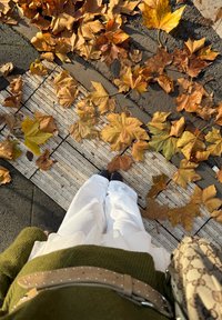 Białe spodnie, zielony sweter o fakturze i brązowe buty stoją na chodniku pokrytym rozsypanymi pomarańczowymi i żółtymi jesiennymi liśćmi.