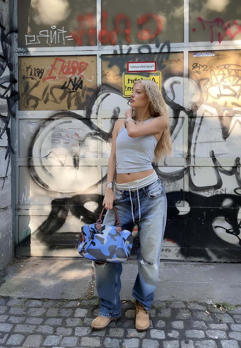 Τσάντα καμουφλάζ σε μπλε αποχρώσεις με καφέ λεπτομέρειες, φορεμένη με ανοιχτό γκρι μπλουζάκι και αέρινα τζιν, μπροστά από έναν τοίχο καλυμμένο με γκράφιτι.