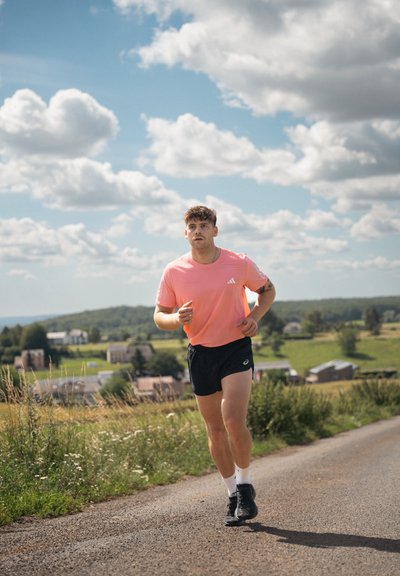 Hombre atlético corre por un camino de tierra vistiendo una camiseta de manga corta rosa brillante y pantalones cortos negros, con zapatillas de running negras y calcetines blancos.