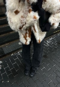 Personne portant un manteau en fourrure blanc et brun tacheté, des gants noirs, un jean foncé et des baskets noires, debout sur un pavé noir près des marches.