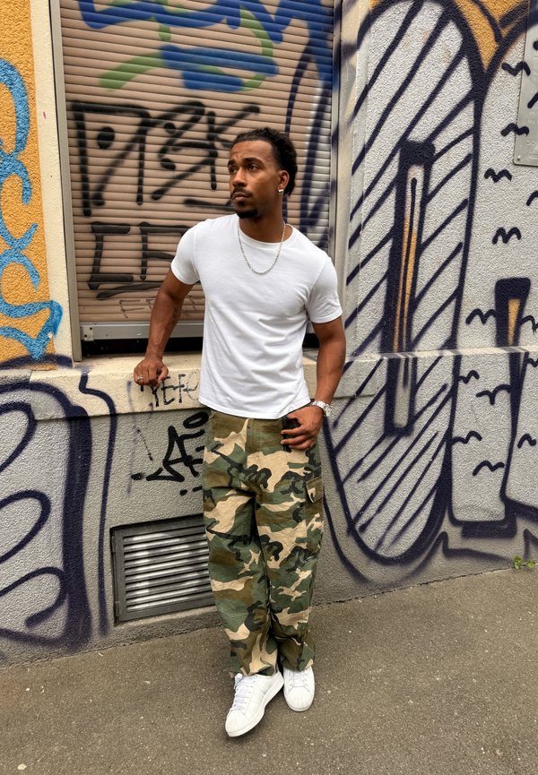 Homme portant un t-shirt blanc, un pantalon camouflage et des baskets blanches, debout contre un mur couvert de graffitis, une main dans la poche et l'autre posée sur une corniche.
