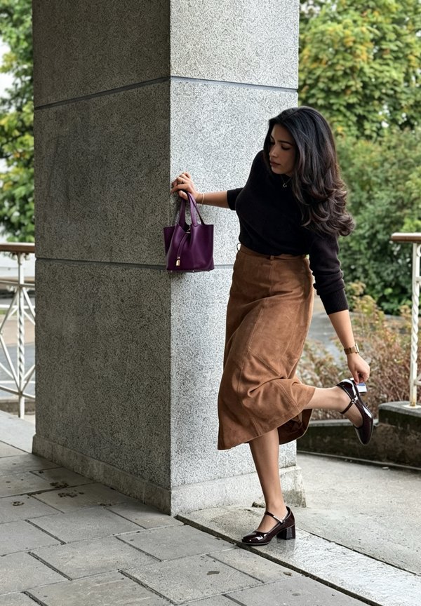 Mujer ajustando un zapato marrón oscuro mientras se apoya en una columna de piedra, vistiendo un top negro, falda marrón y sosteniendo un bolso pequeño morado al aire libre.