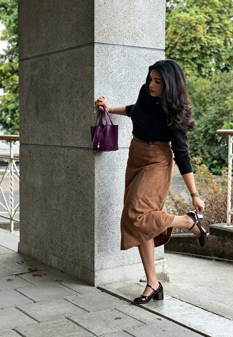 Mujer ajustando un zapato marrón oscuro mientras se apoya en una columna de piedra, vistiendo un top negro, falda marrón y sosteniendo un bolso pequeño morado al aire libre.