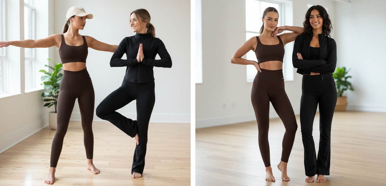 Zwei Models präsentieren Sportbekleidung: eines trägt einen braunen Sport-BH und hoch taillierte Leggings, das andere ein schwarzes Langarmshirt und ausgestellte Hosen.