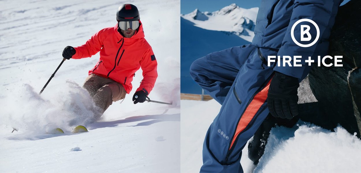 Giacca da sci arancione brillante con accenti neri a sinistra; tuta da neve blu navy con dettagli rossi e guanti neri a destra, sfondo innevato.