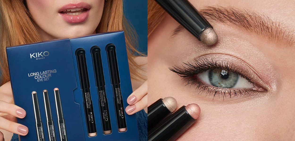 Kvinne som holder KIKO Milano Long Lasting Colour Eye Set ved siden av nærbilde av øyet hennes med glitrende øyenskygge-stifter påført.