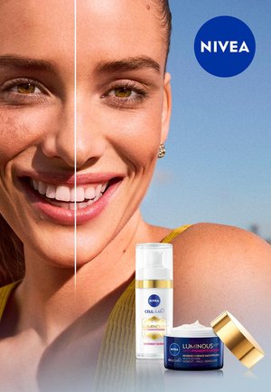 NIVEA skincare products include a serum and cream. The serum is in a clear pump bottle, while the cream has a blue container with a golden lid.