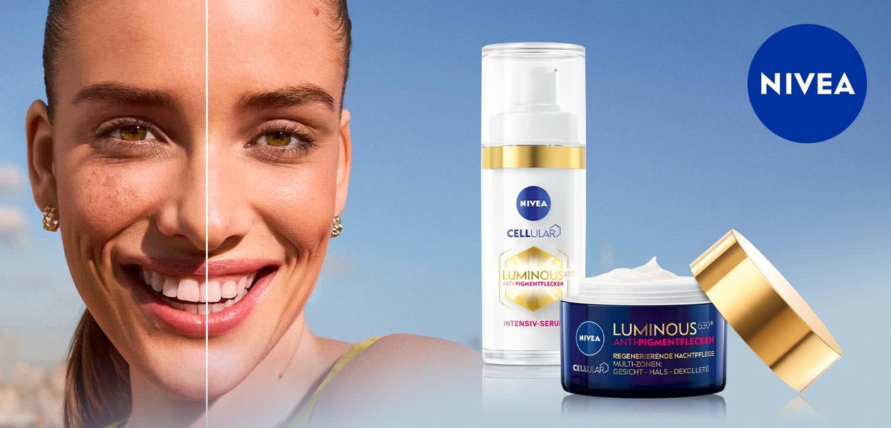 NIVEA Cellular Luminous serum with gold accents in a transparent bottle; blue cream jar with a gold lid, anti-pigmentation focus.