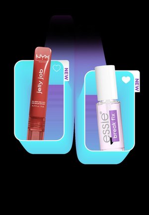 NYX Jelly Job lipgloss in rood en Essie Break Fix heldere nagelbehandeling, elk gelabeld met "NIEUW" en hartpictogrammen op blauwe achtergronden.
