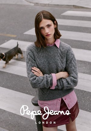 Joven mujer con suéter gris y camisa a rayas rojas de pie en un paso de peatones, con un perro pequeño caminando al fondo.