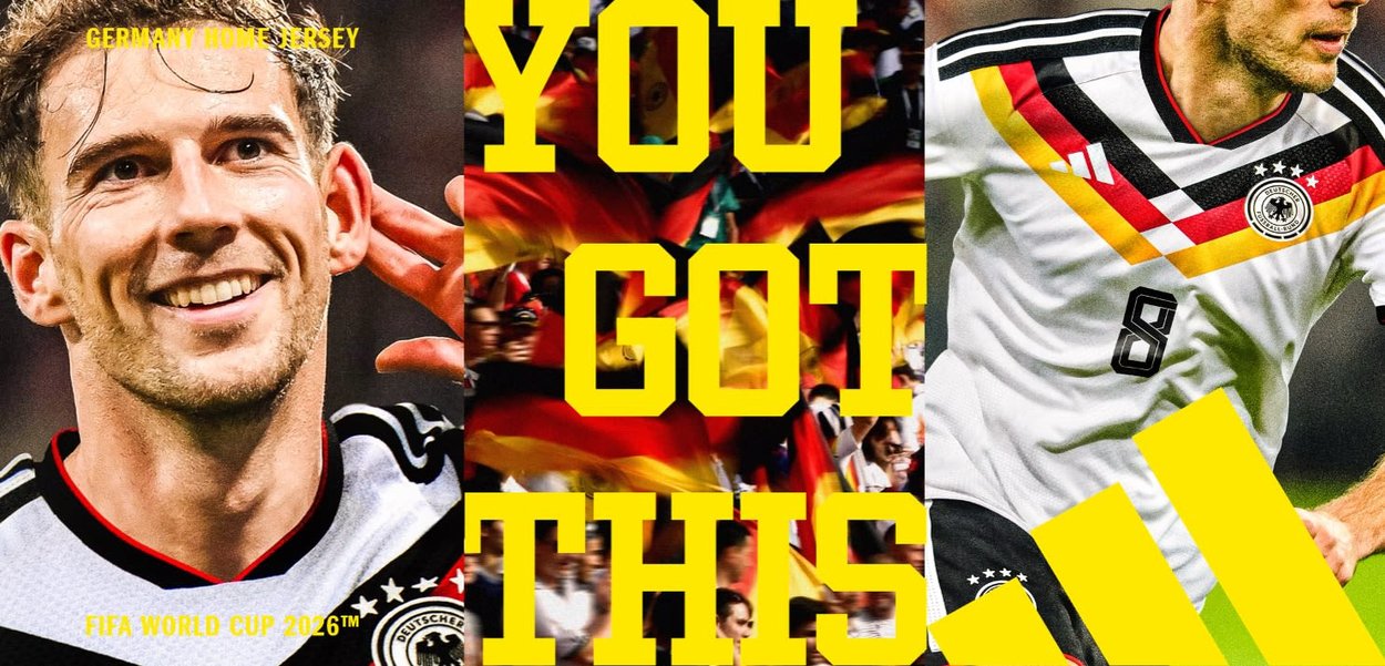 Two soccer players wearing Germany home jerseys flank cheering fans waving German flags and bold yellow text reading "YOU GOT THIS."