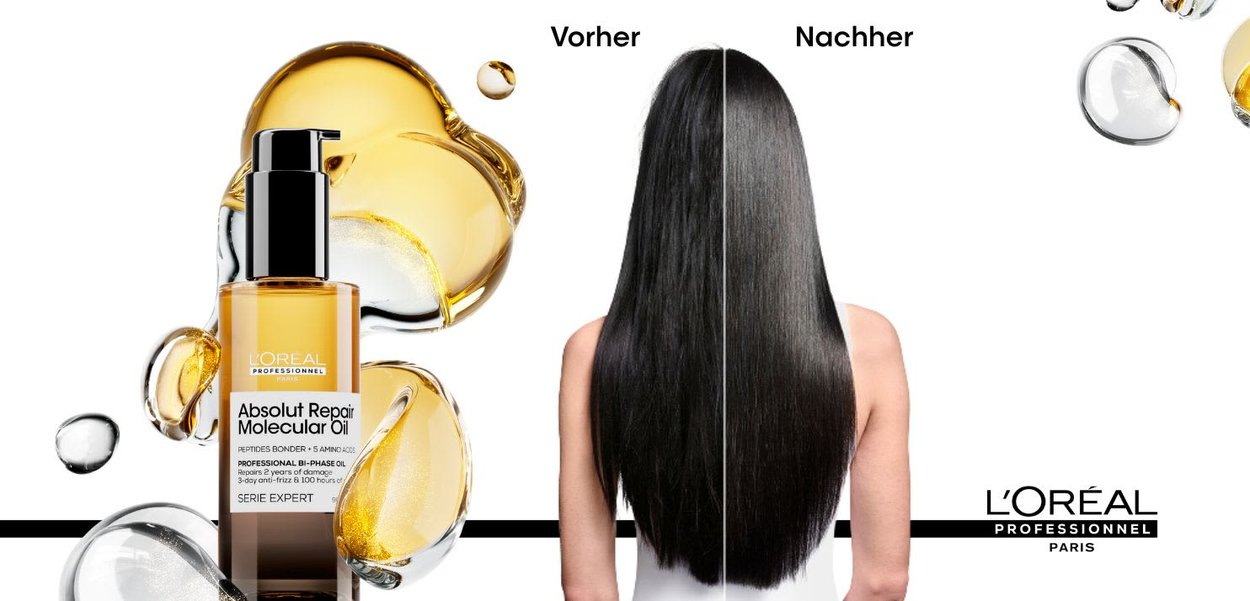 L'Oréal Absolut Repair Molecular Oil en un envase transparente con un dispensador negro. Cabello mostrado antes y después del tratamiento, sobre un fondo blanco.