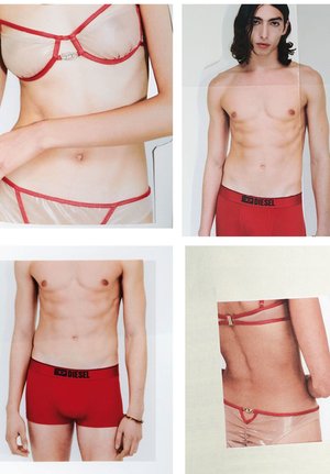 Quattro foto mostrano modelli che indossano lingerie traslucida con rifiniture rosse e boxer Diesel rossi su uno sfondo chiaro e semplice.