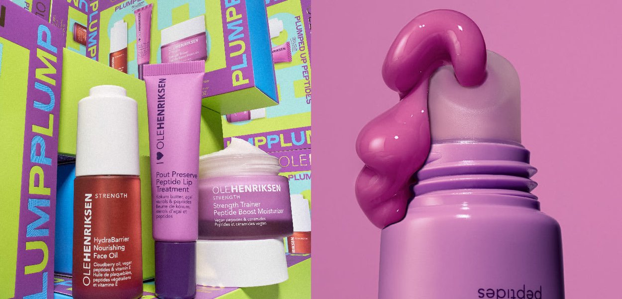 Quatre produits de soins de la peau sont affichés contre un fond coloré. Les contenants sont en verre et en plastique, présentant différentes formes et couleurs, notamment orange, violet et blanc. Une épaisse crème rose est versée d'un tube sur le côté.