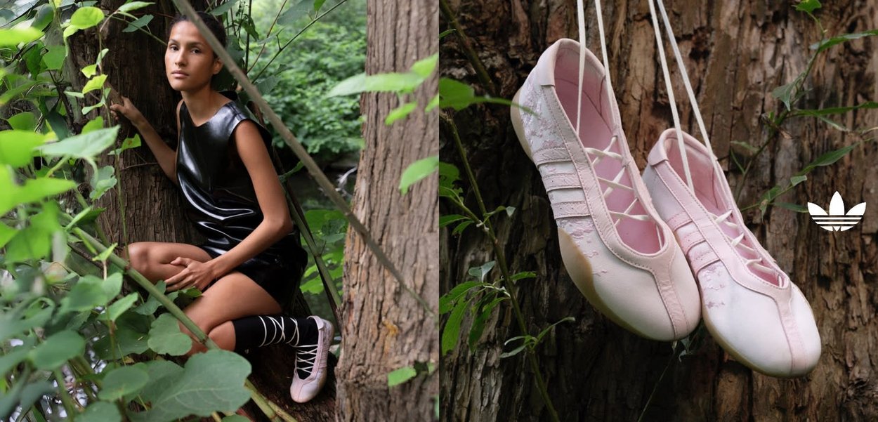 Light pink ballet shoes with a soft leather texture, featuring crisscross laces and subtle accents, hanging on natural tree bark.