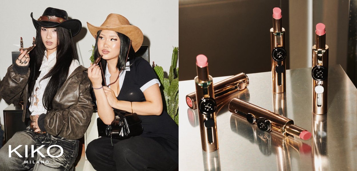 Two individuals hold lip products, wearing a brown leather jacket and a tan cowboy hat, and a black top with blue shirt accents. Succulent plants in background.
