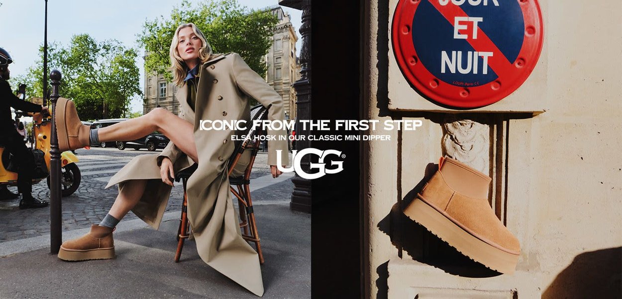 Woman in a beige trench coat and tan UGG boots sitting on a street chair; close-up of single tan UGG boot on stone wall next to a red sign.