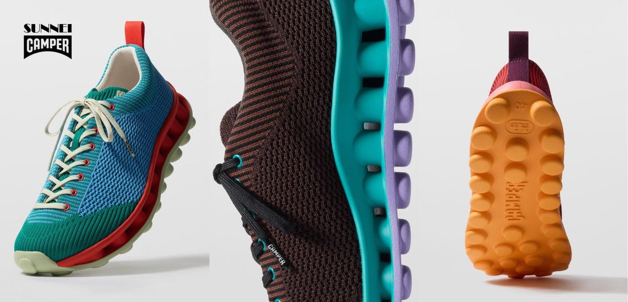 Drei bunte Camper-Sneaker mit seitlicher, Sohle- und Fersenansicht, ausgestattet mit Mesh-Obermaterialien und einzigartigen segmentierten Sohlen in Blau, Braun, Türkis, Lila, Orange und Rot.