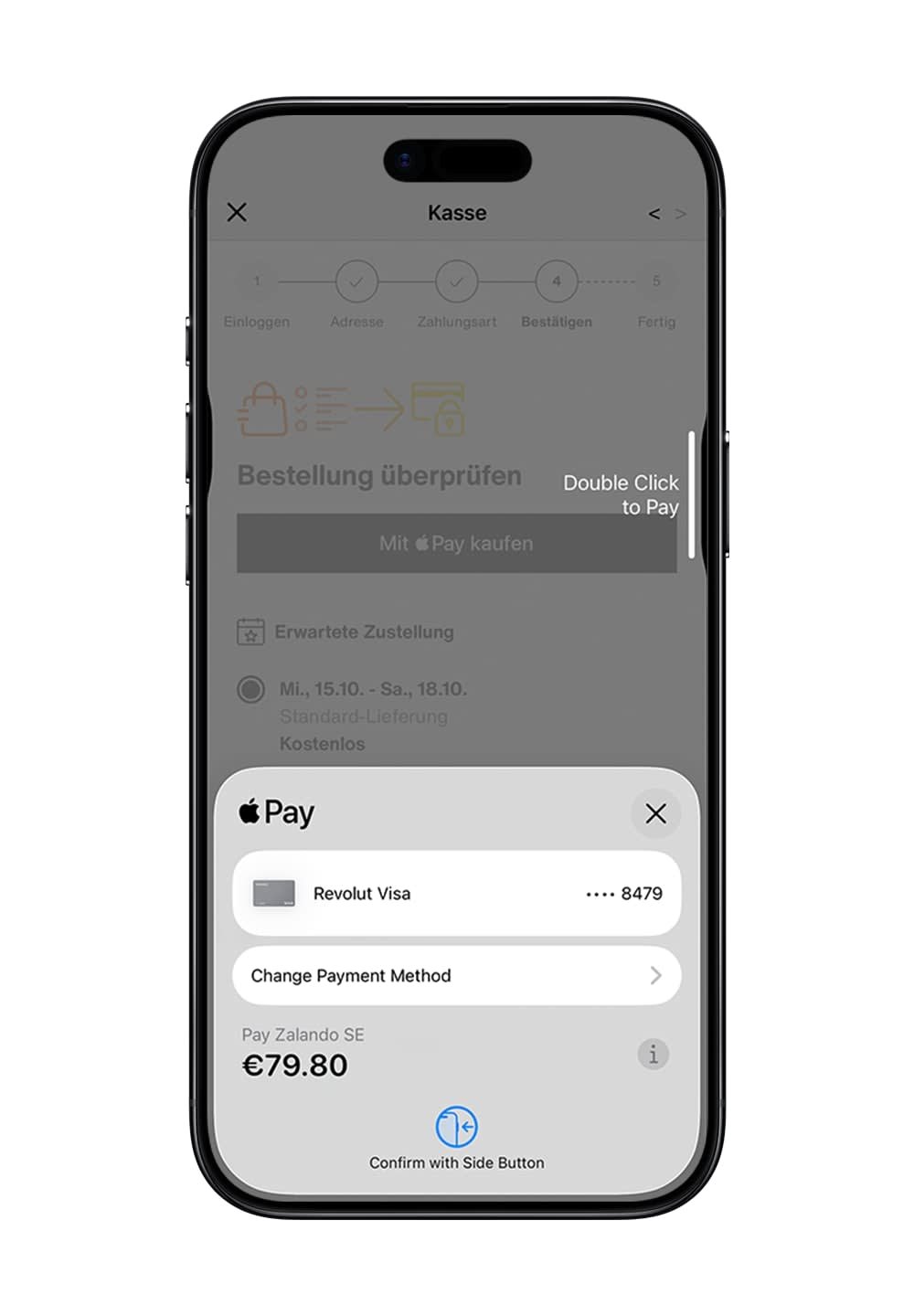 Smartphone-Bildschirm, der eine Zahlungsoberfläche anzeigt mit Optionen für Apple Pay, einer Revolut Visa-Karte und einem Gesamtbetrag von 79,80 €.
