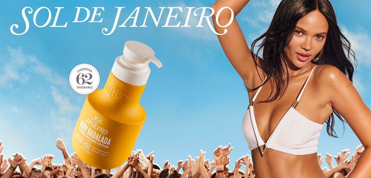 Yellow bottle of Sol de Janeiro Body Lotion with a pump top, featuring a round label stating "Cheirosa 62 Fragrance," against a blue background.