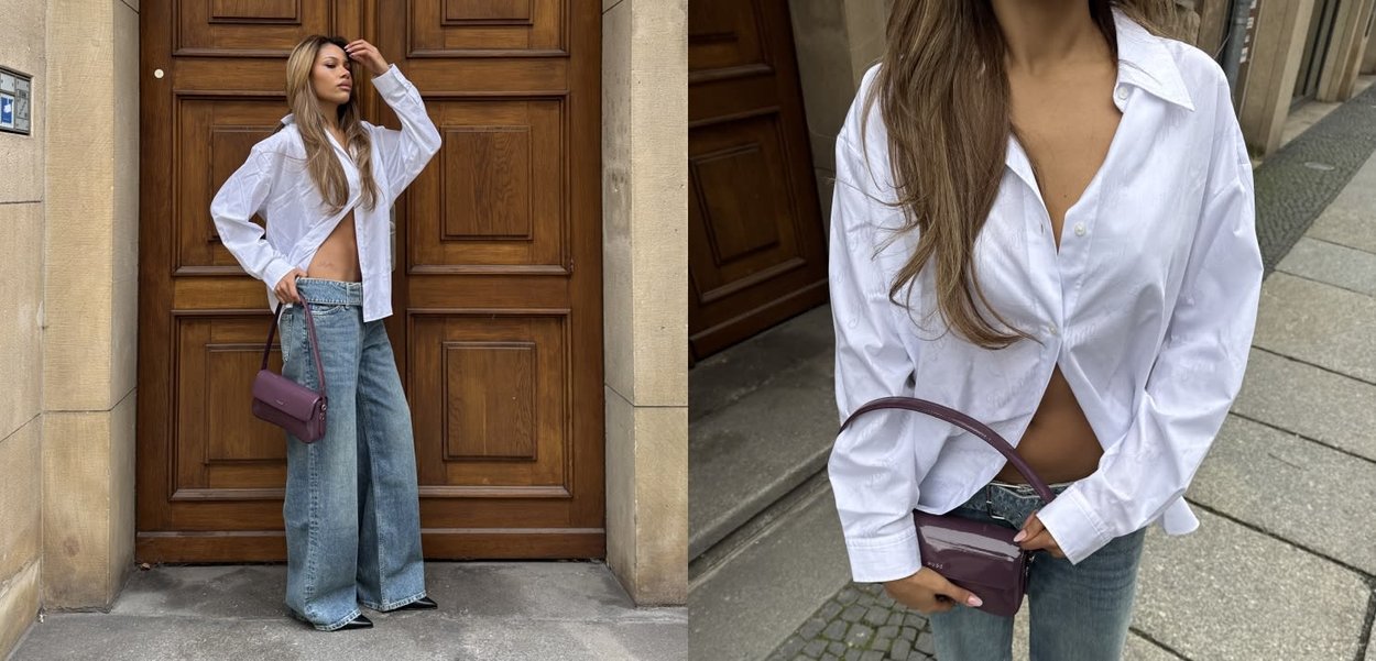 Chemise blanche oversize à manches longues, jean en denim bleu clair à jambes larges, et petit sac à main violet. Tissu lisse avec des détails subtils de texture.