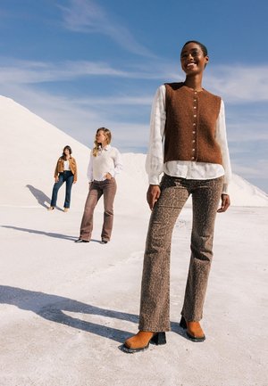 Un gilet en tricot marron par-dessus une blouse blanche, associé à un pantalon évasé imprimé léopard et des bottes à talons marron ; deux modèles en arrière-plan.