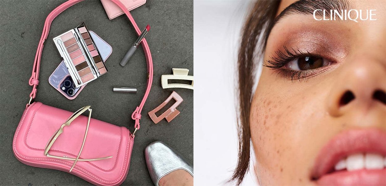 Pink leather handbag with a crossbody strap, makeup palette, phone, and hair clips. Metallic silver shoes and a close-up of a model's face with makeup.