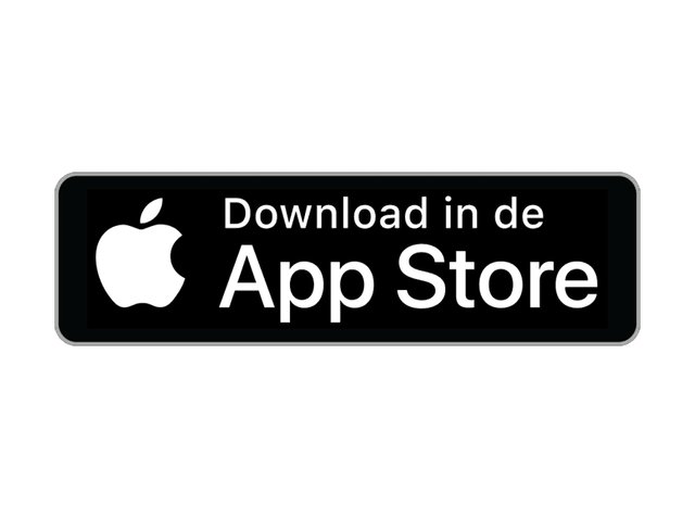 Zwarte rechthoekige knop met ronde hoeken. Witte tekst leest "Download in de App Store," met het Apple-logo aan de linkerkant.