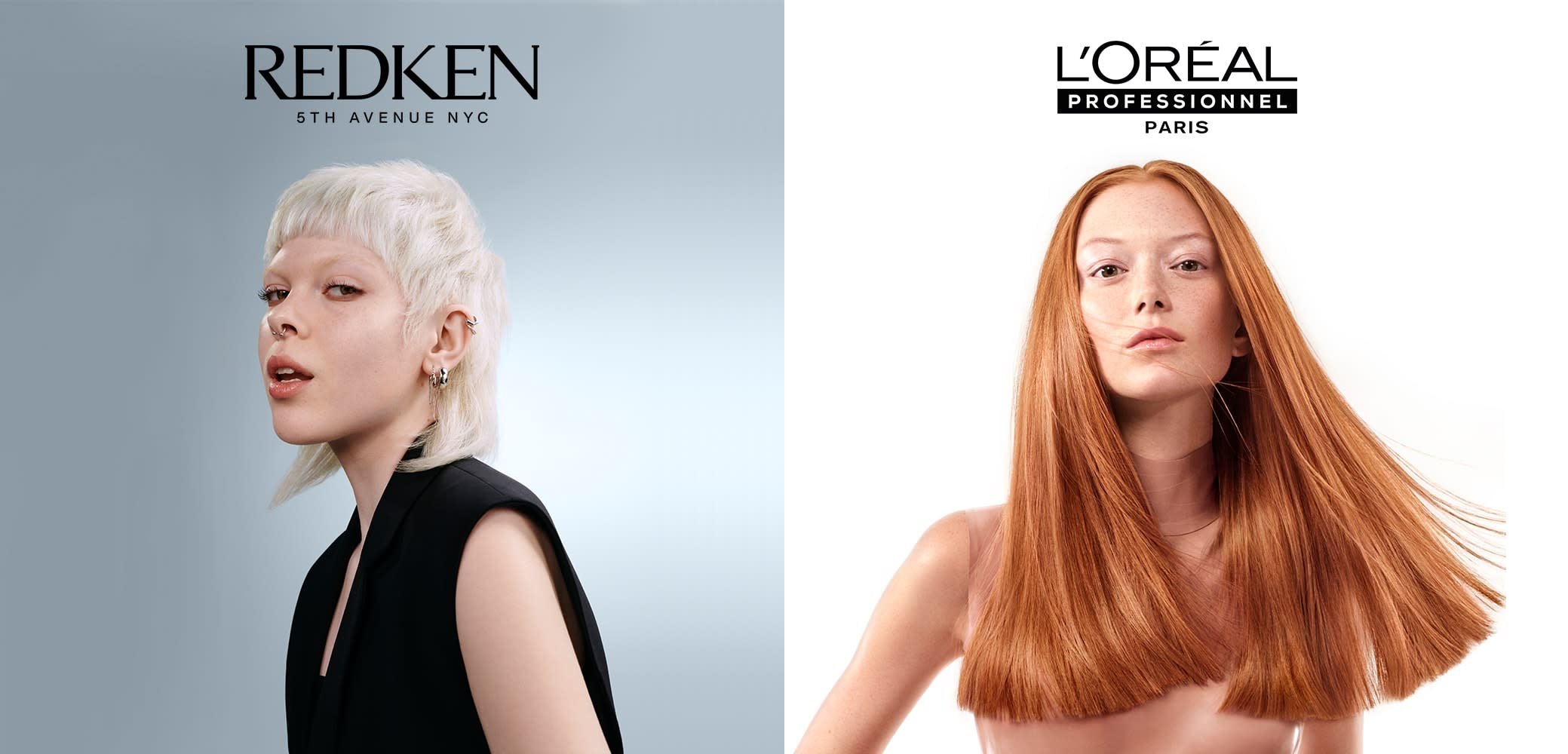 Two model portraits: left with short, platinum hair in a black sleeveless top; right with long, straight red hair, against a white background.