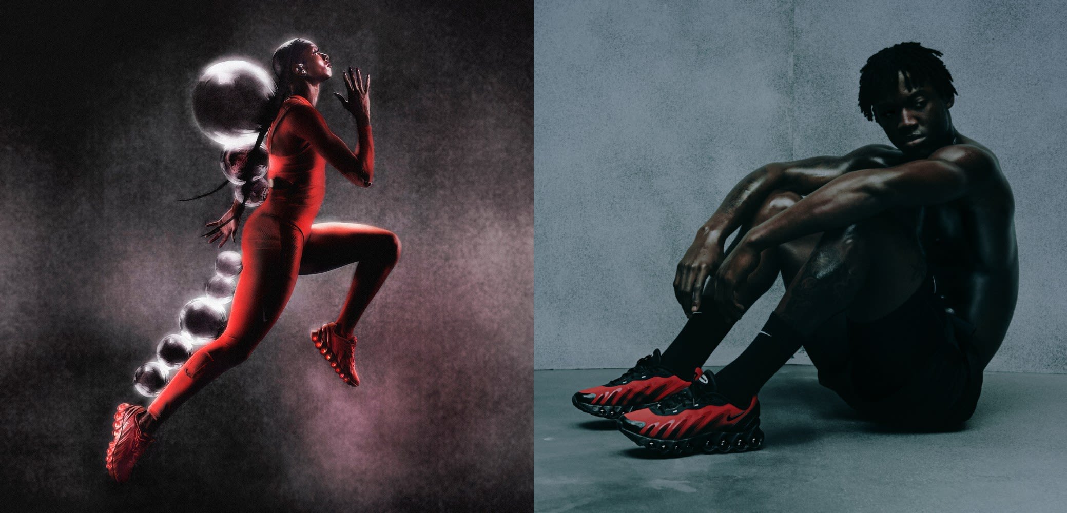 Rode sportkleding met een slank ontwerp; opvallend weergegeven rode en zwarte schoenen met een kenmerkende zool; gestructureerde achtergrond.