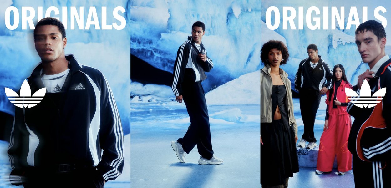 Cinco modelos diversos vistiendo ropa deportiva de Adidas Originals posan frente a un fondo de glaciares azul helado con logotipos de Adidas visibles.