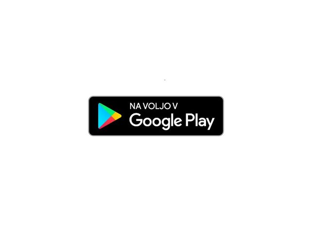 Črn pravokotni gumb z zaobljenimi robovi. Belega besedila "NA VOLJO V" nad "Google Play." Barvna trikotna ikona na levi.