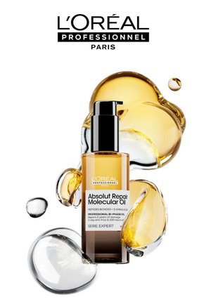Bottiglia di olio molecolare L'Oréal Professionnel Absolut Repair, liquido ambrato con etichetta nera e dorata, circondata da gocce d'olio.