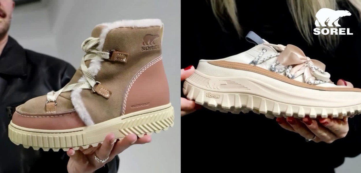 Deux mains tenant une botte d'hiver beige et rose avec doublure en fourrure et une basket épaisse beige avec lacets ruban, logo Sorel visible.