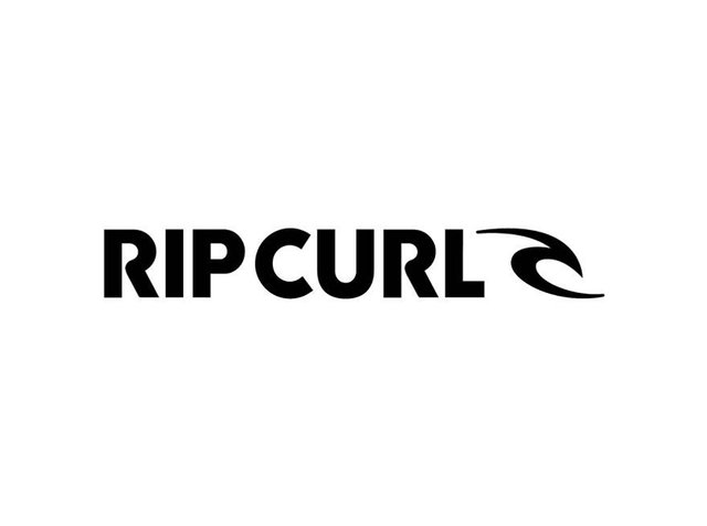 Zwarte tekstlogo van "RIP CURL" met een gestileerde golfgrafiek. Vet sans-serif lettertype, schoon ontwerp en minimalistische stijl.