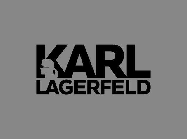 Zwart-wit logo met de tekst "KARL LAGERFELD." Het ontwerp bevat een silhouet van een man met een zonnebril.