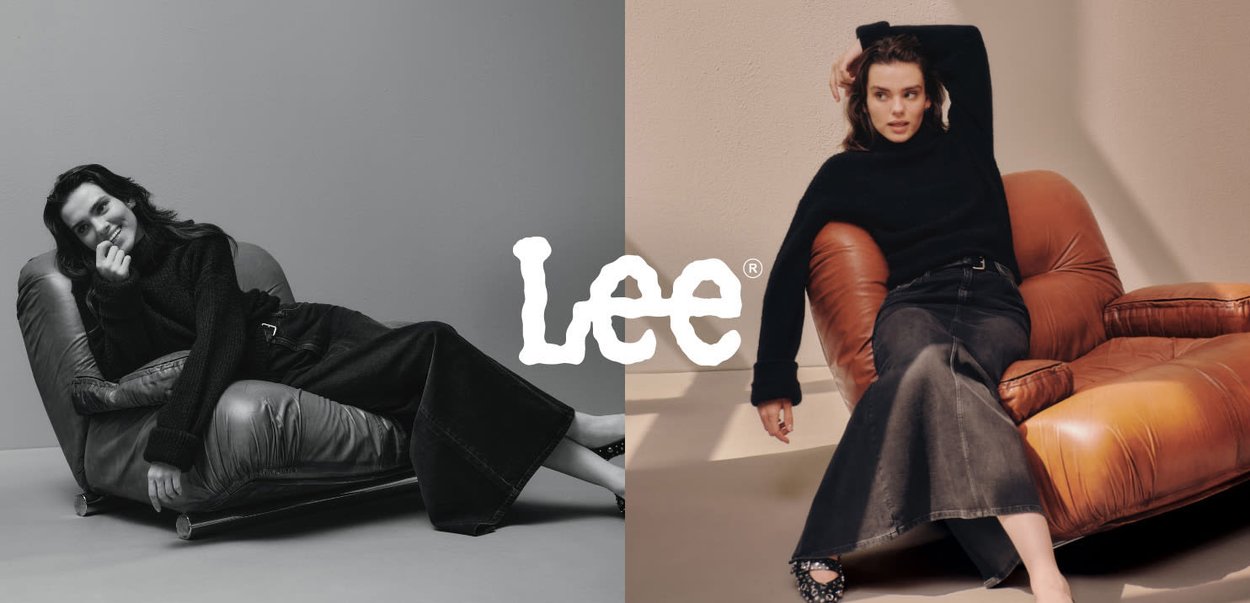 Svart stickad tröja och mörk denimkjol på en modell, som sitter i en beige läderfåtölj. Enkel design, rika texturer och kontrasterande färger.