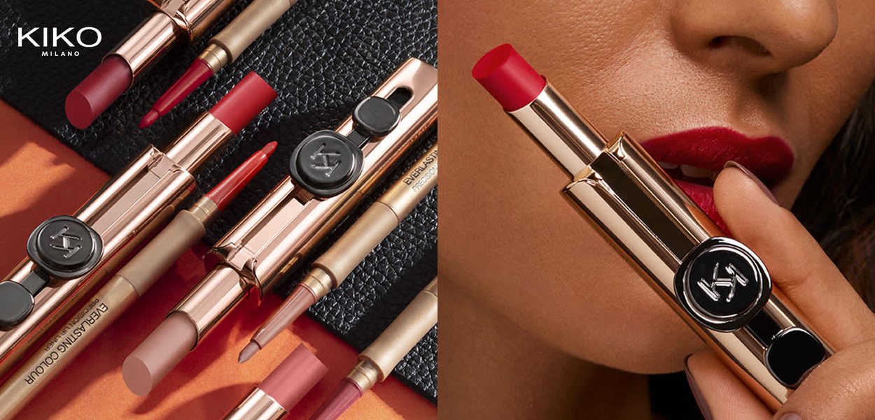 Rossetto in confezione dorata, con un logo circolare. Include tonalità di rosso e una matita per labbra, esposti su sfondi testurizzati.