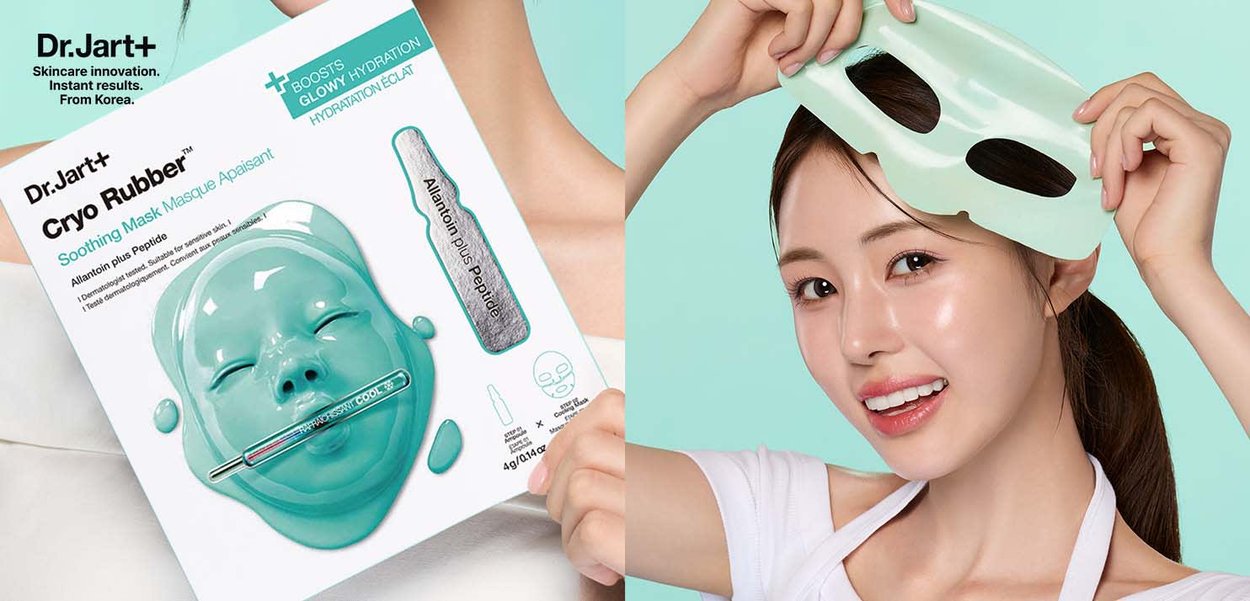 Dr. Jart+ Cryo Rubber Soothing Mask, vihreä kumimateriaali, jossa on kasvomuoto ja seerumipullo. Malli pitää käsissään vihreää maskia, jossa on silmäaukot.