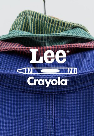 Cotton shirt in blue with a striped collar featuring green and red accents. Logos for Lee and Crayola displayed prominently.
