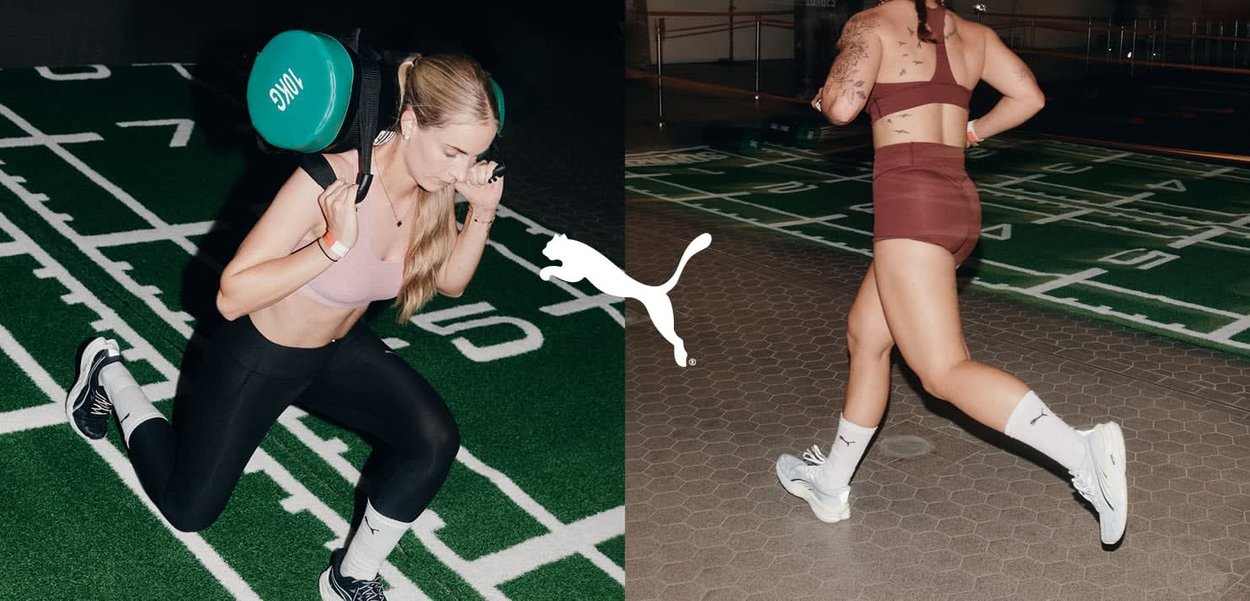 Dwie sceny fitness: jedna osoba w czarnych legginsach i różowym topie, trzymająca zielony ciężar; druga w brązowym zestawie biegnąca po heksagonalnych płytkach.