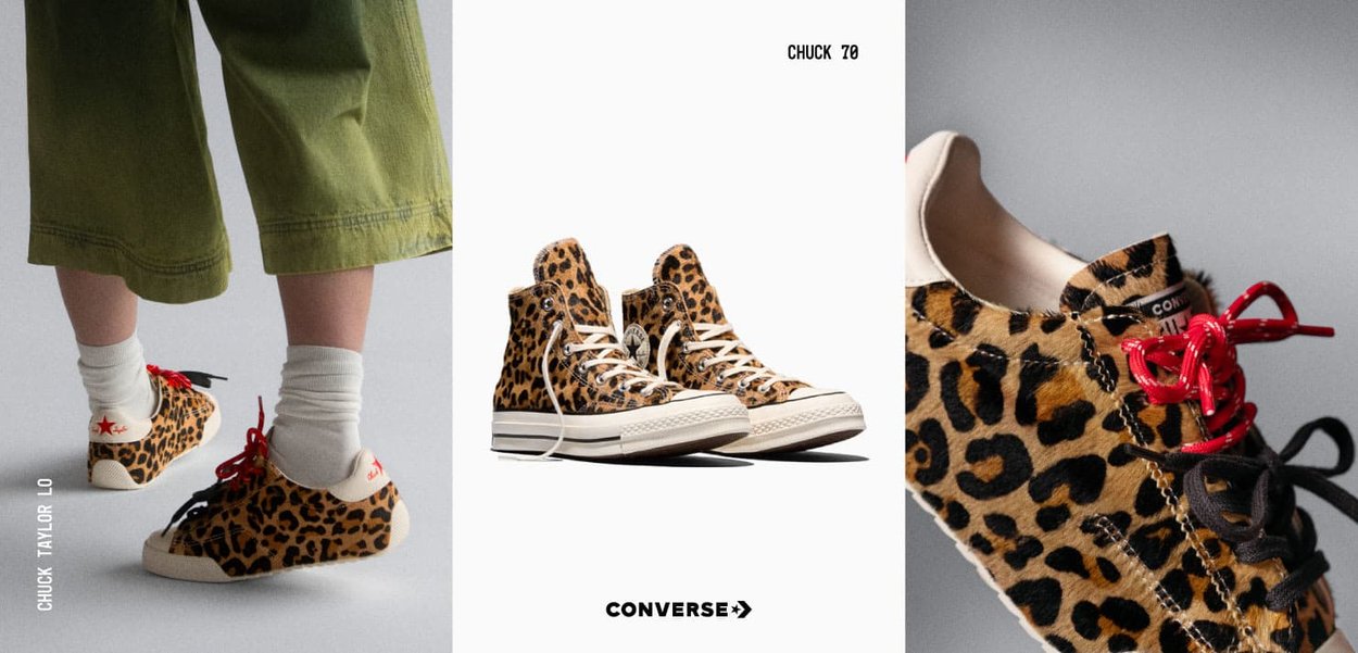 Converse sneakers met luipaardprint en rode en zwarte veters, getoond vanaf de zijkant, achterkant en met close-up details.